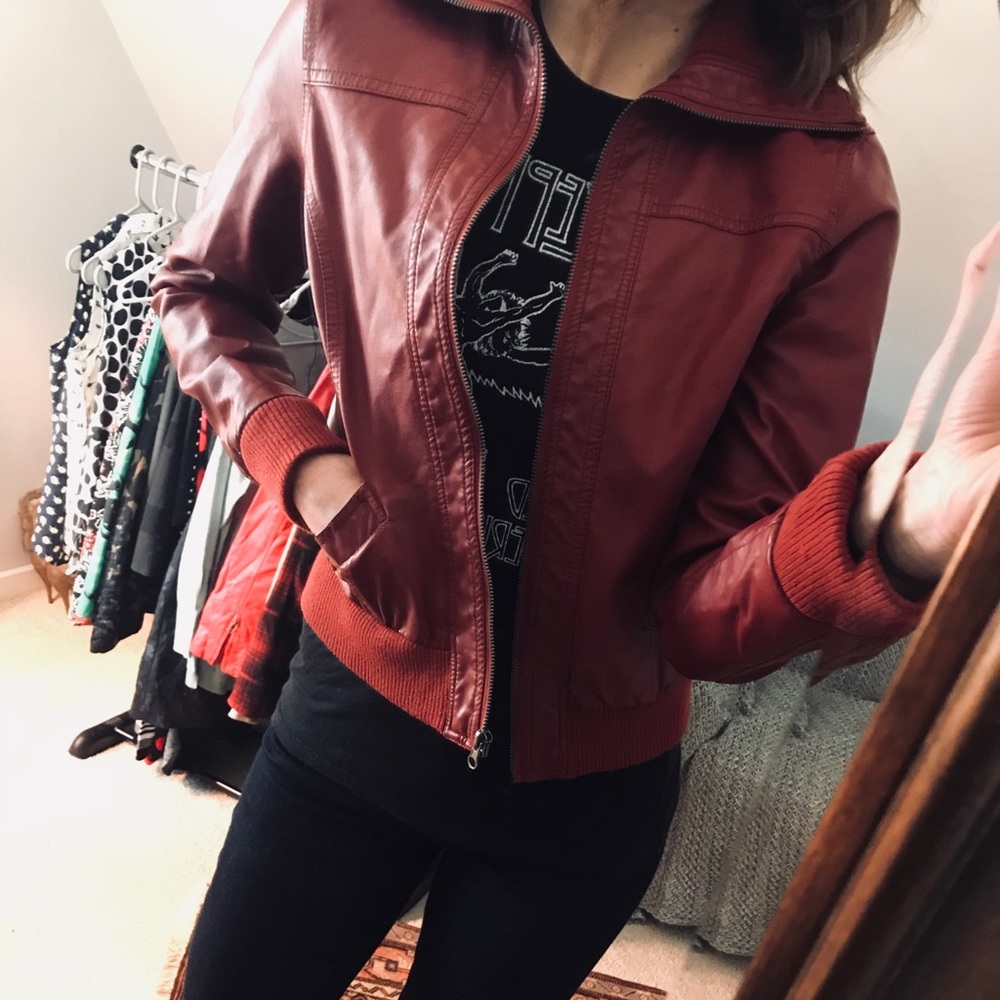 Red Faux Leather Forever 21 Bomber Jacket